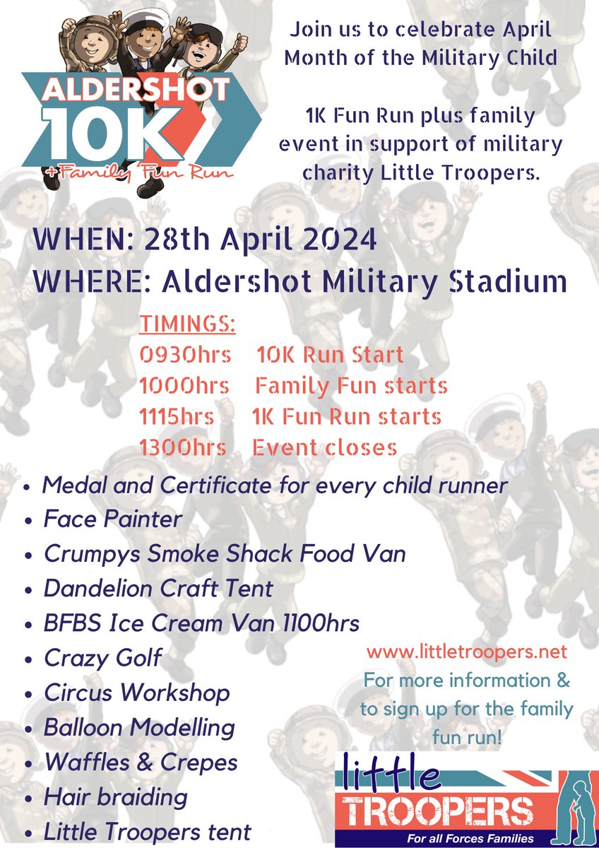 LittleTroopers_'s tweet photo. 28th April join us in Aldershot to celebrate the Month of the Military Child. (Optional!) 10K for grown-ups. Family fun run. Face painter, crafts, crazy golf, circus tricks, food &amp; ice-cream! Book in advance or turn up on the day. Spread the word! https://t.co/oVmHfg391T https://t.co/6rd5VIkQdk