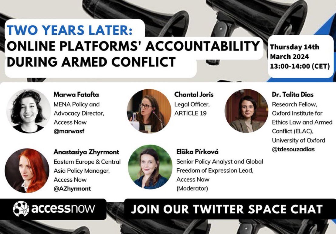 Join this fantastic lineup of experts to discuss the current state of platform accountability during armed conflict. 
This Thursday, from 1PM CET.