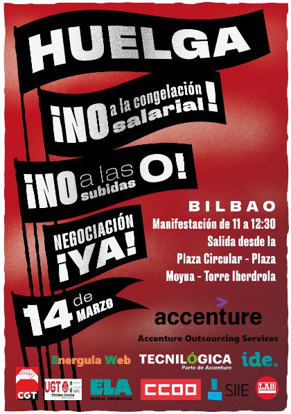 zerbitzuakccoo's tweet photo. RLT  de @CTecnilogica , Energuia Web @CCOOcw, AOS e Informática de Euskadi, filiales de #Accenture,  1⃣4⃣ MARZO 📢HUELGA‼️

🔴NO de congelación de los salarios‼️

MANIFESTACIÓN #Bilbao:
📌Salida Plaza circular- plaza Moyua -Torre Iberdrola
🕙 11:00 a 12:30
#HuelgaAccenture14M. https://t.co/lfvsFUnsr4