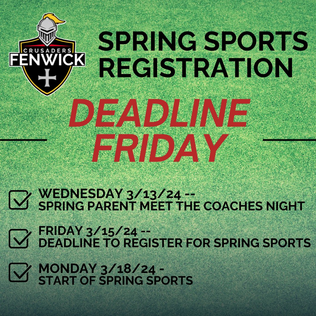 Upcoming Athletics Dates: ✅Wednesday 3/13 6pm in the auditorium Spring Parent Meet the coaches night ✅Friday 3/15 Deadline to Register (register at students.arbitersports.com/bishop-fenwick… ) ✅Monday 3/18 Start of Spring Sports #WeAreFenwick #studentathlete #crusadernation