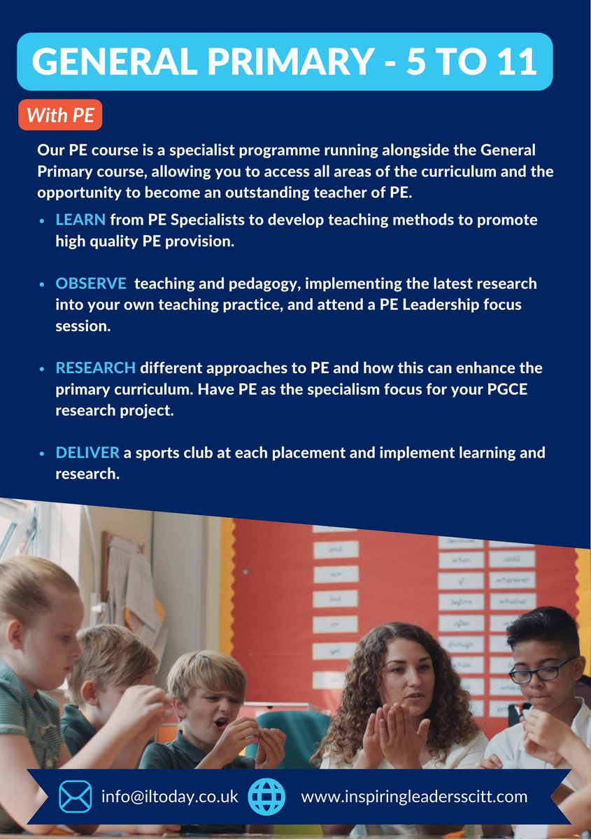Did you know we offer PE as a specialism with General Primary teacher training? 
👉 Additional 6 days with a PE focus
👉 Learn from PE specialists and exports
👉 Support children develop and master new skills which will help them to lead a physically active and healthy life
#PE