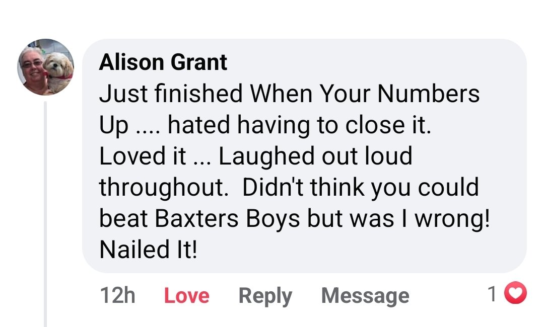 Never underestimate the wonderful feeling an author gets when they receive such a fantastic review. It's what keeps us going at times 😁 If you love dark comedy then why not check out my novels, Baxter's Boys & When Your Number's Up! #IrishComedy #DublinWit #WorkingClassWriter