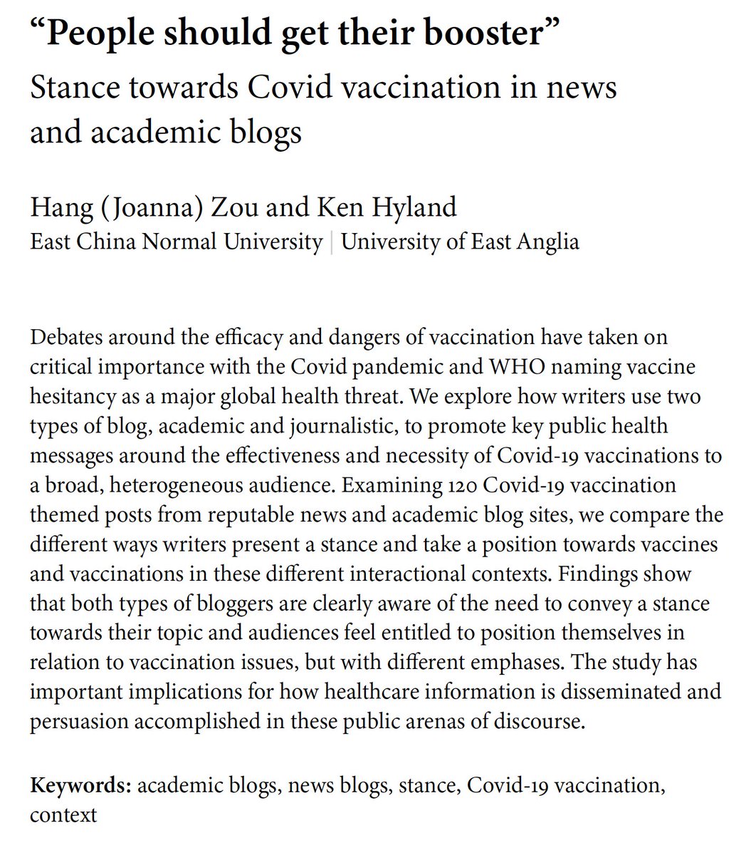 IJCL (@ijcl_journal) on Twitter photo In the latest IJCL online-first article, Hang (Joanna) Zou & Ken Hyland compare academic vs. journalistic blogs, focusing on the different ways blog writers present a stance and take a position towards Covid vaccines + vaccinations jbe-platform.com/content/journa… <a href="/ECNUER/">East China Normal University</a> <a href="/uniofeastanglia/">UEA</a> In the latest IJCL online-first article, Hang (Joanna) Zou & Ken Hyland compare academic vs. journalistic blogs, focusing on the different ways blog writers present a stance and take a position towards Covid vaccines + vaccinations jbe-platform.com/content/journa… <a href="/ECNUER/">East China Normal University</a> <a href="/uniofeastanglia/">UEA</a>