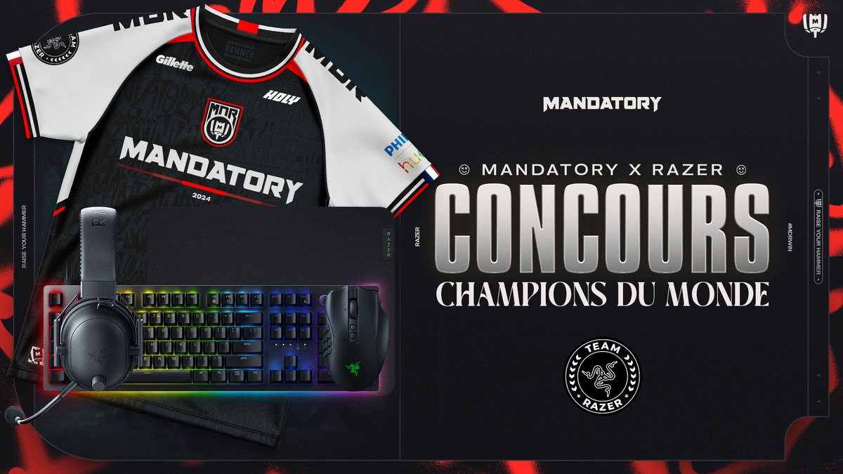 CHAMPIONS DU MONDE ! Pour fêter ça, on vous propose un giveaway avec @RazerFrance 💚 Tente de gagner : - Un set up complet Razer - Un maillot de @Maystine_ - 15 minutes de coaching discord avec Maystine Pour participer : RT + Follow @RazerFrance et @MandatoryGG