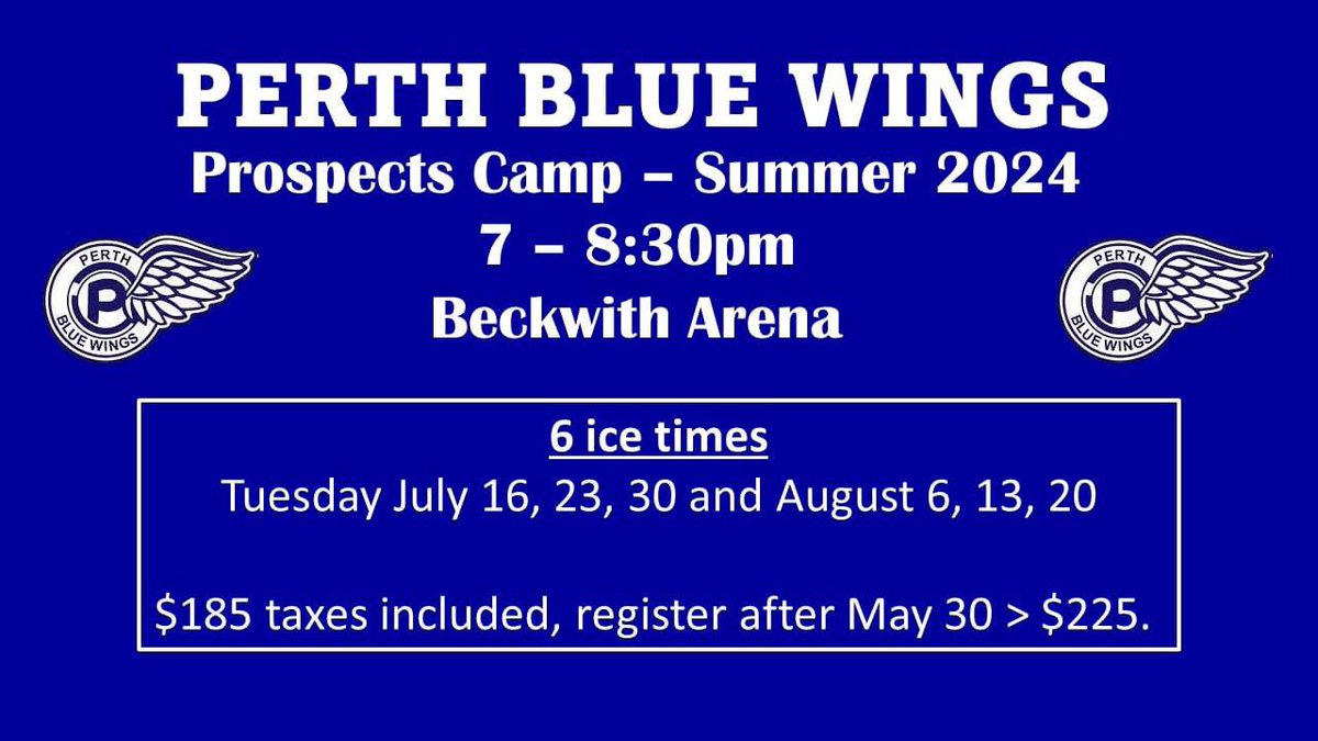 PerthBlueWings's tweet photo. Open to those with 2004 - 2008 birth year and an interest in playing Junior B hockey this upcoming season in the EOJHL.  
Space is limited so don't delay.
To register please reach out to our GMs, Jeff Choffe at jeff.pbw@gmail.com or Shaun Armitage at shaun.pbw@gmail.com. https://t.co/DG10YeA4Of