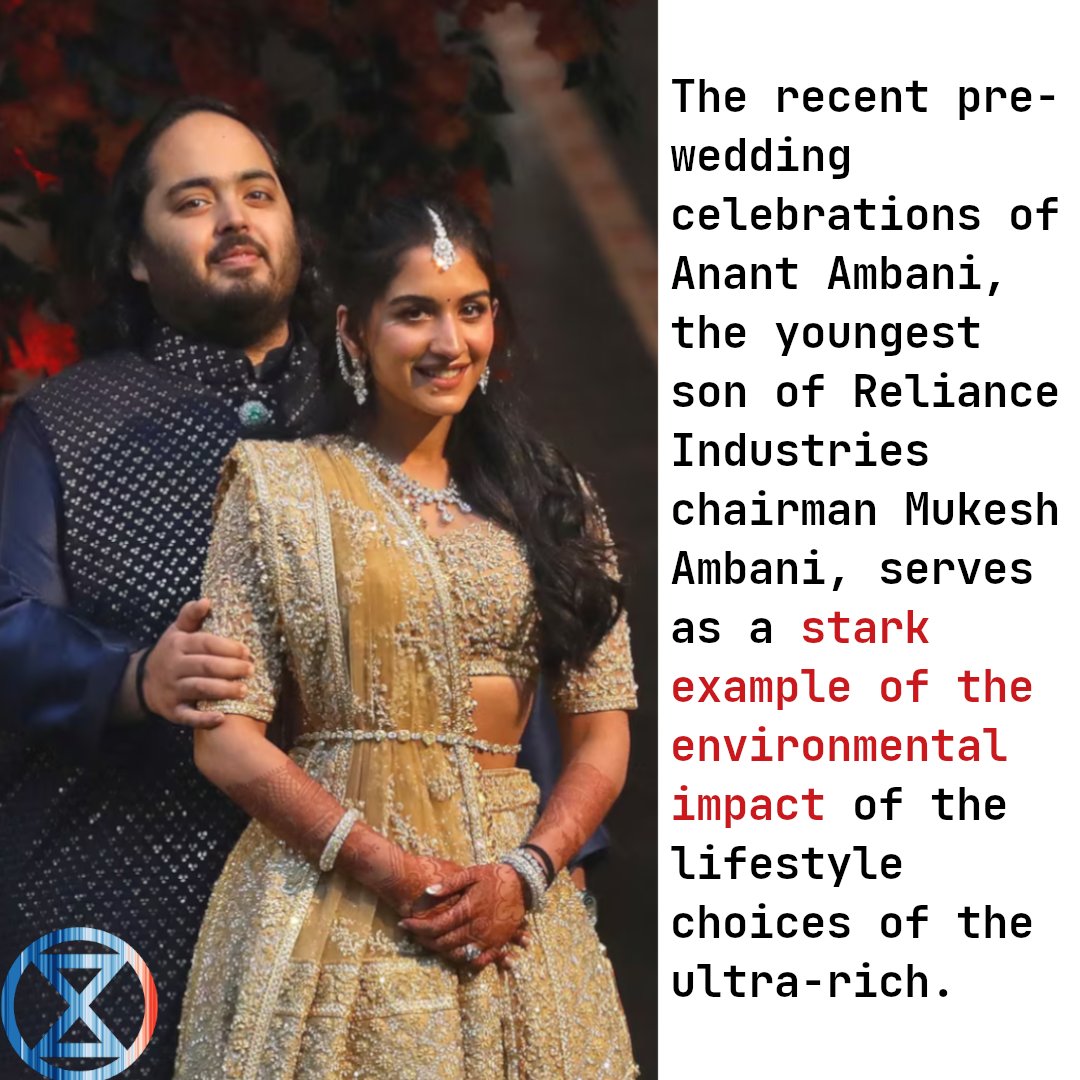 🌍 The recent pre-wedding celebrations of Anant Ambani, the youngest son of Reliance Industries chairman Mukesh Ambani, held in Jamnagar, serves as a stark example of the environmental impact of the lifestyle choices of the ultra-rich. #EnvironmentalImpact #WealthDisparity (1/4)