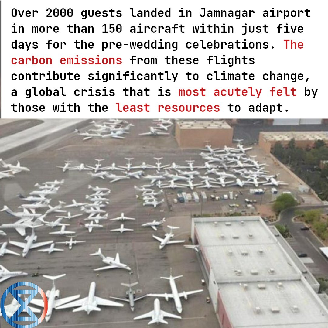 🛩️ Over 2000 guests landed in Jamnagar airport in more than 150 aircraft within just five days for the pre-wedding celebrations. A significant portion of these aircraft were private jets flying from foreign locations. #CarbonEmissions #ClimateCrisis (2/4)