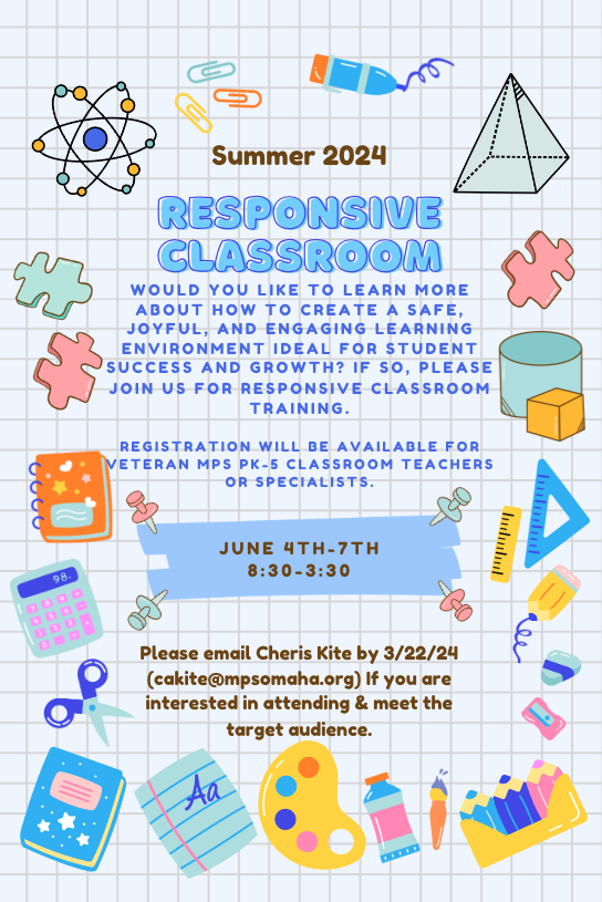 Elementary Responsive Classroom Training Summer 2024 - Please see the flyer for more information! @MPSElemEd <a href="/MillardPS/">Millard Public Schools</a>  <a href="/DeFreec/">Andy DeFreece</a> <a href="/jlsempek/">Jody Sempek</a> <a href="/matthewjscott1/">Matthew Scott</a> @eykramer1 <a href="/MonicaHutfles/">Monica Hutfles</a>