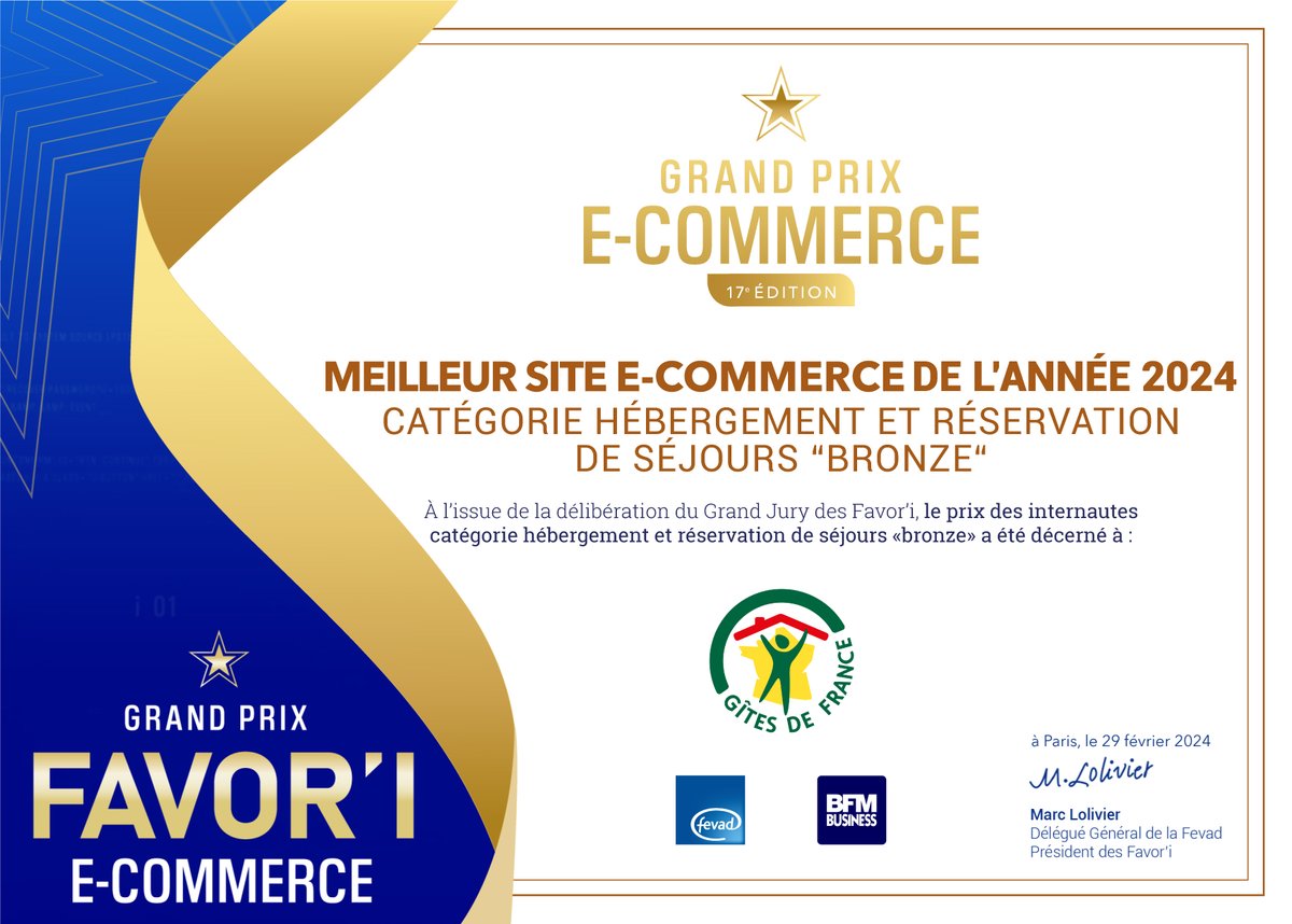 🥉 La <a href="/FevadActu/">FEVAD</a>  a récompensé le 1er mars, les meilleurs sites  de commerce électronique, le site Gîtes de France a obtenu le Prix Favor’i des internautes Bronze dans la catégorie Réservation de séjours et d’hébergement !