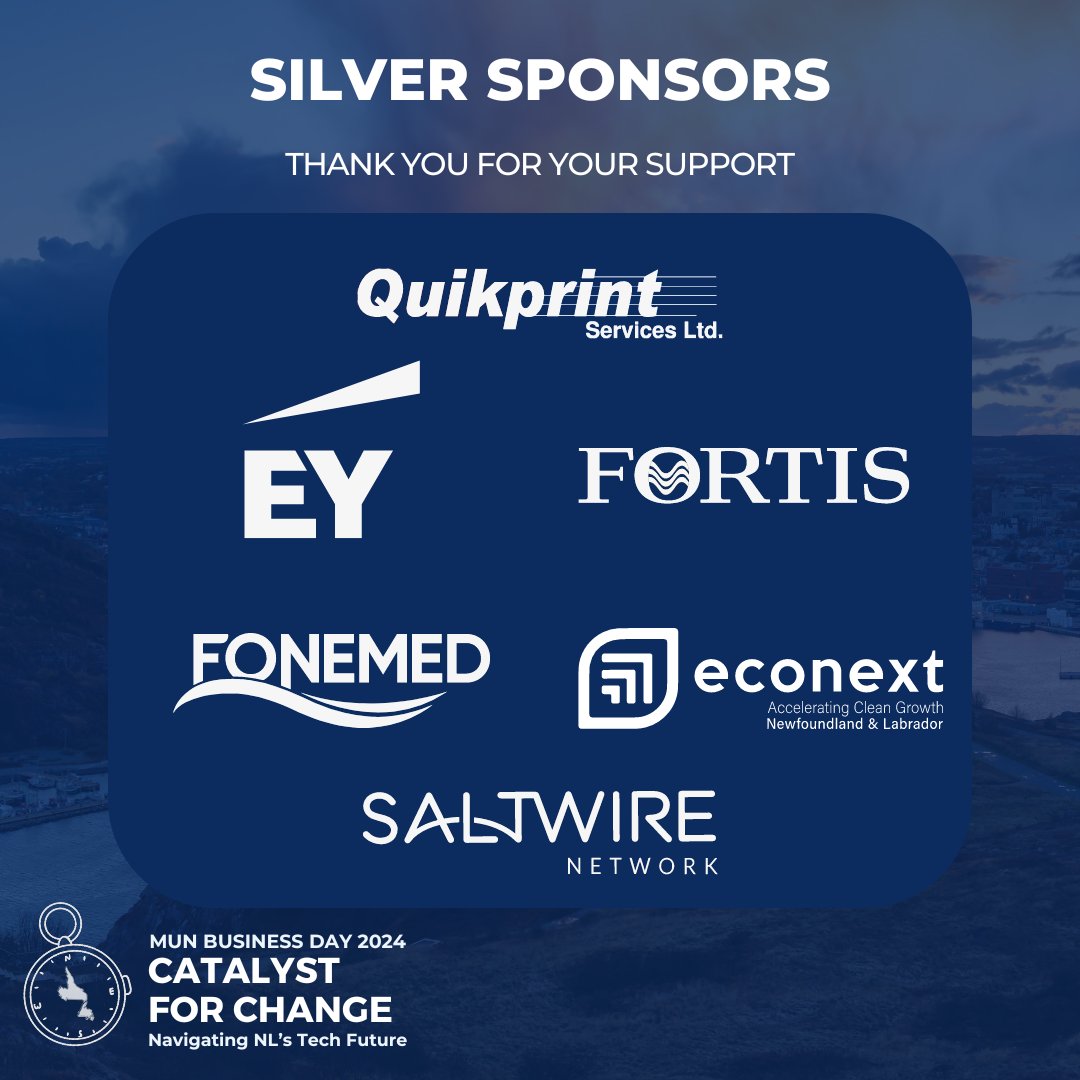 MUNbusiday's tweet photo. 🌟Check out our silver sponsors🌟

Thank you to @QuikprintNL, @EYCanada, @Fortis_NA, @fonemed, @econextNL, @SaltWireNews for supporting MUN Business Day 2024!

#quikprint #ey #fortis #fonemed #econext #saltwire #munbusiday #catalystforchange https://t.co/Prtuqus8Tw