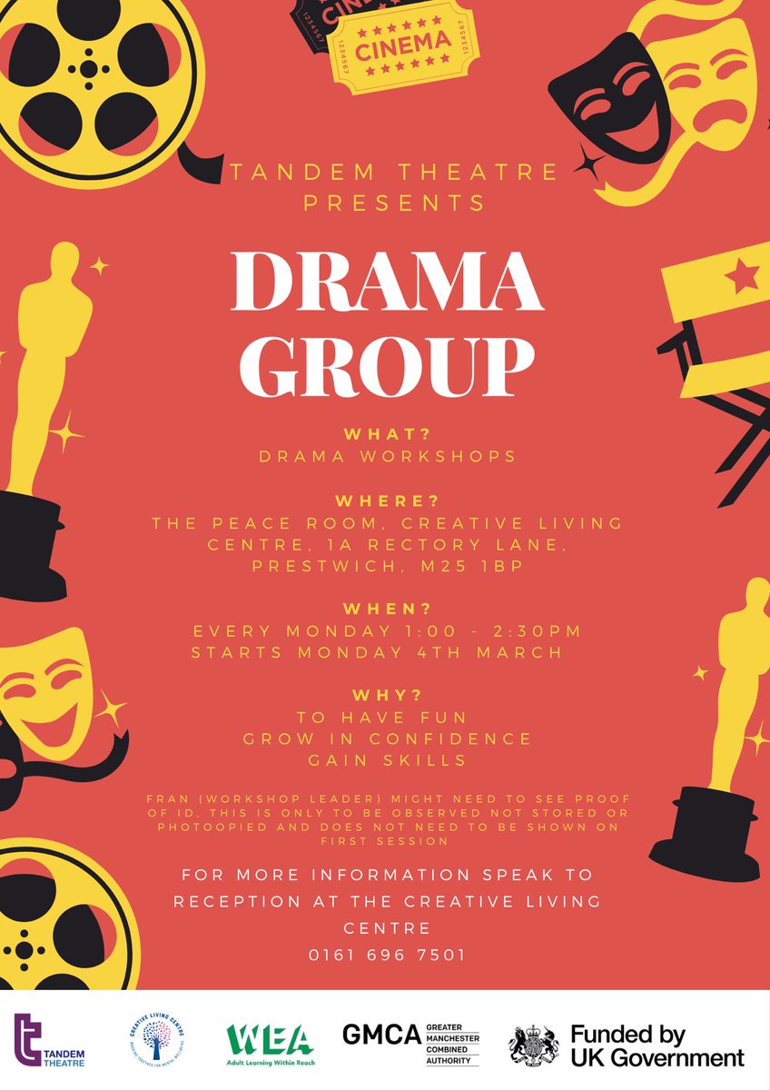 🔈DRAMA GROUP IN BURY🔈

WHERE? Creative Living Centre, Prestwich @CreativeLivingC 

WHEN? Mondays (term time) 1:00-2:30pm 

WHY? Gain skills, build confidence, improve emotional & mental health 

WHO FOR? Unemployed adults registered to work in the UK & GM residents