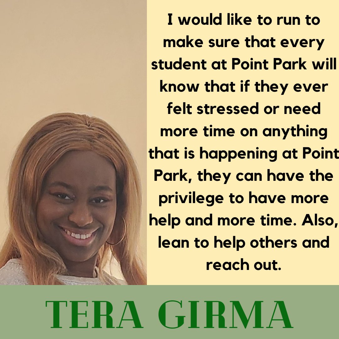 SGA_PPU's tweet photo. Meet this year's Presidential Candidates!

Kyle MacLaughlin - Political Science

Katherine Greissinger - Broadcasting, Sports Media, Documentary

Tera Girma - Sports, Arts, Entertainment Management

GO VOTE! VOTING OPENS MONDAY, MARCH 25TH AND CLOSES FRIDAY MARCH, 29TH!
#PPUPROUD https://t.co/w0GzcWxuIj