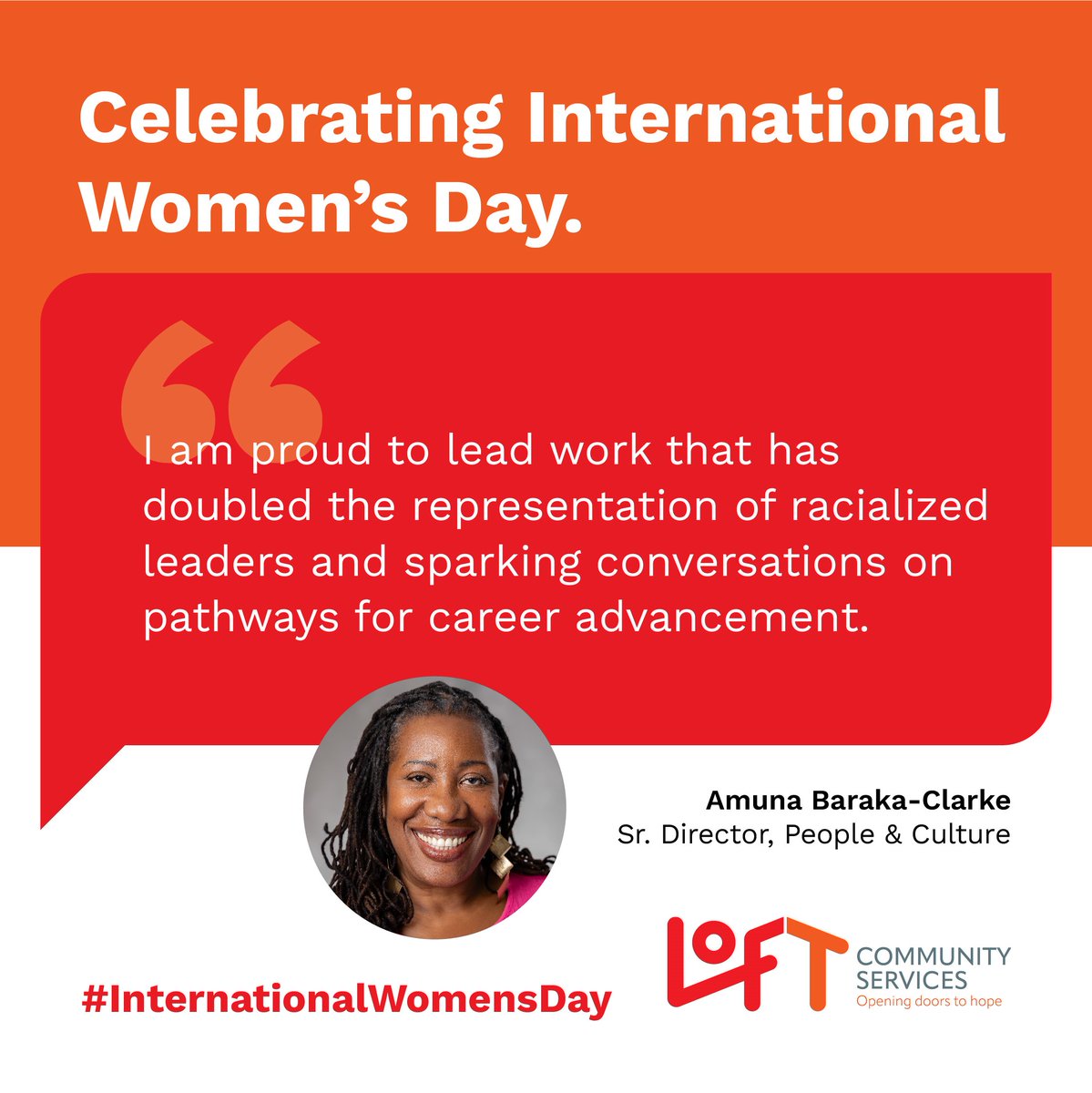 Amuna Baraka-Clarke, LOFT’s Sr. Director of People and Culture, was inspired to work at LOFT because of her passion for access. 'This role provides an opportunity to advance gender equity, racial justice, and reconciliation through the provision of decent work.” #IWD2024