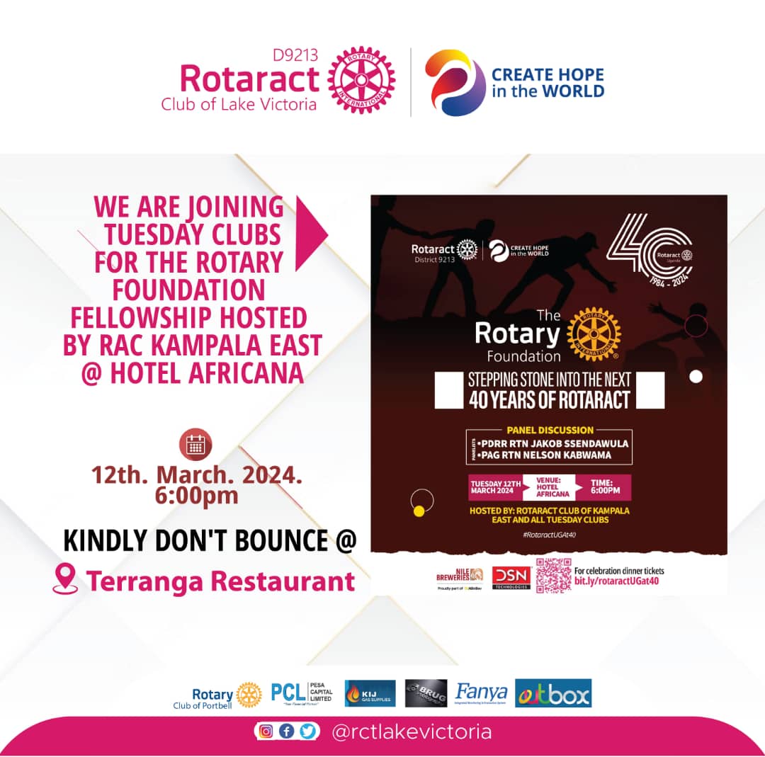rctlakevictoria's tweet photo. Let's catch up with other Tuesday clubs at Hotel Africana.
#VicTuesday https://t.co/IWvSijdnmH