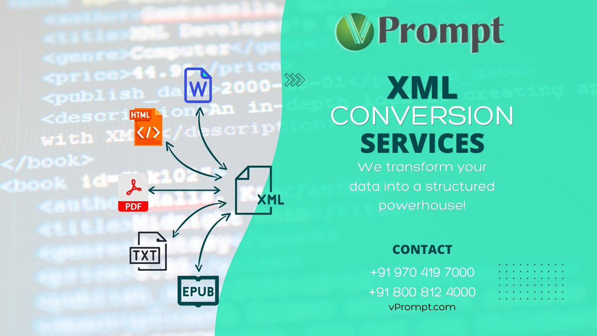 vprompt's tweet photo. We transform your data into a structured powerhouse! 🚀✨ Introducing vPrompt's top-notch XML Conversion Services - your gateway to organized content. Say goodbye to data chaos and hello to precision and efficiency! 📊💡 #XMLConversion #vPrompt #DataManagement #EfficiencyBoost https://t.co/Pn8FXXVdVz