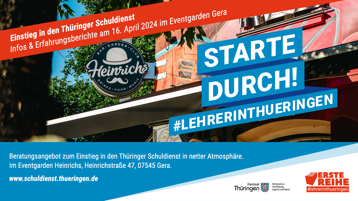 BildungTH's tweet photo. Informieren Sie sich über die facettenreichen Einstiegsmöglichkeiten in den Thüringer Schuldienst und stellen Sie Ihre Fragen in #Gera. Jetzt unverbindlich anmelden: info@erste-reihe-thueringen.de #ErsteReiheThueringen #GuteBildungTH https://t.co/FI4Jw2krsX
