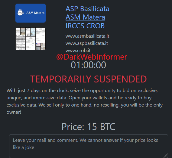 Looks like Rhysida has temporarily suspended the sale of ASP Basilicata ASM Matera IRCCS CROB.

#Ransomware #StopRansomware #DarkWeb #DarkWebInformer #Leaks #Leaked #Cyberattack #Cybercrime #Rhysida