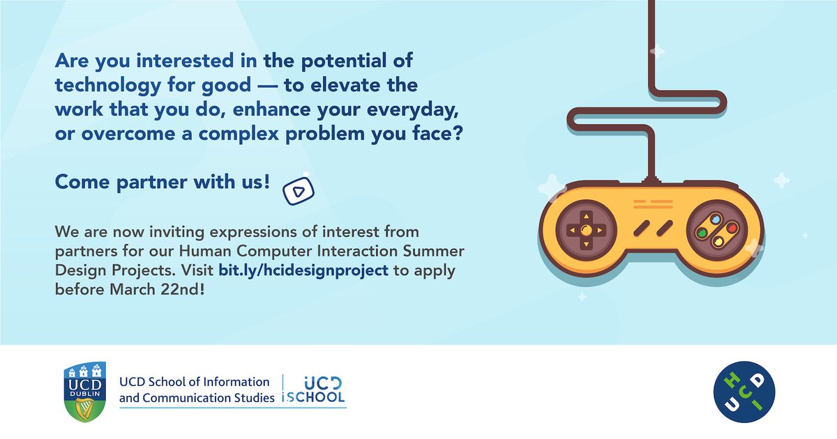 Are you an individual, company, clinician, charity or any other organisation interested in the potential of digital technology for good? We are now inviting expressions of interest from partners for this summer’s HCI Design Project @ucddublin Apply at bit.ly/hcidesignproje…!