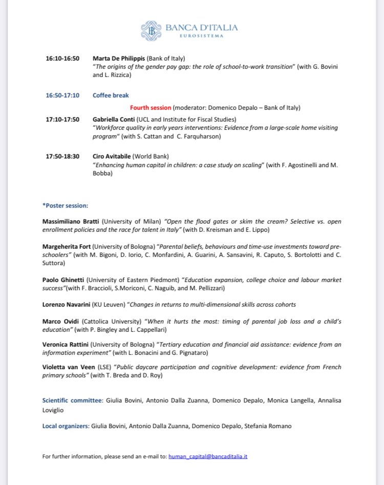 Really exciting lineup for the human capital workshop on March 22nd at Bank of Italy! To attend in person or online follow the link in the tweet below by @domenico_depalo 

#EconTwitter