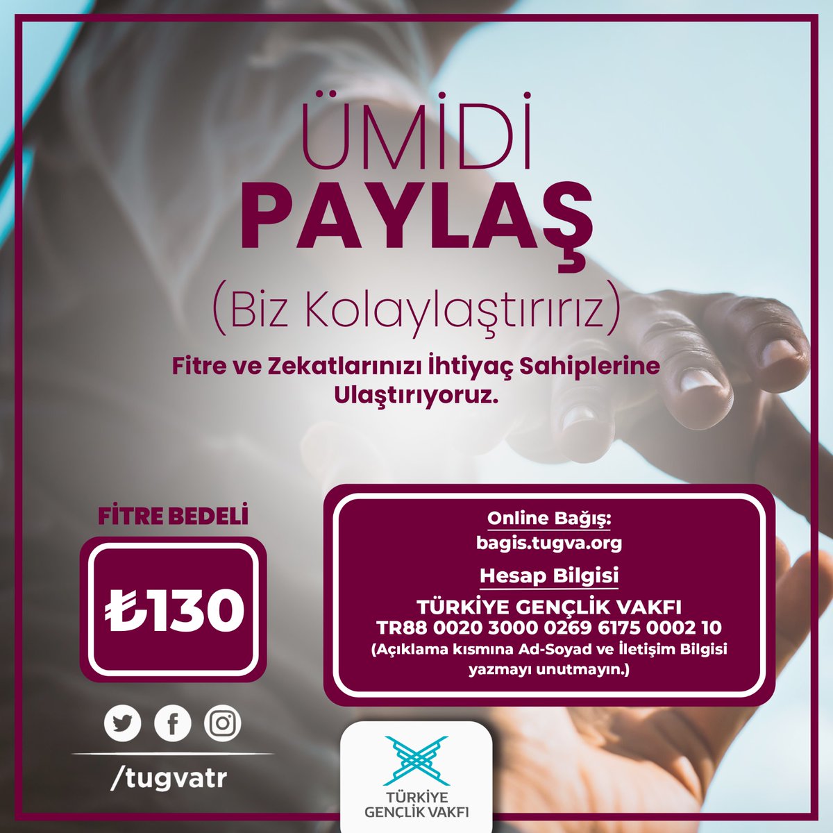 Ramazan paylaşmaktır!🤝 Fitre ve zekatlarınızı ihtiyaç sahiplerine ulaştırmak ister misiniz? Ümidi paylaş, biz kolaylaştırırız... 📲bagis.tugva.org/bagis #TÜGVA #Zekat #Bagış #Ramazan