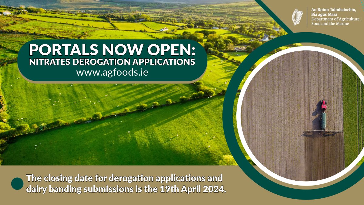 The Nitrates Derogation application system is now available online. The ICBF (<a href="/HerdPlus/">ICBF</a>) portal for Dairy farmers to indicate their Nitrates Dairy Banding is now open too for declarations and that N and P statements for 2023 are available on-line also.

👉gov.ie/en/press-relea…