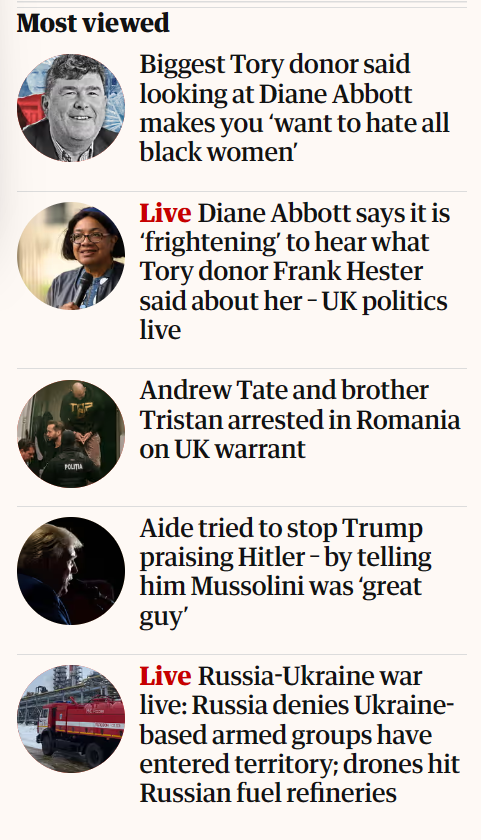 Strong showing for #ThePatriarchy in the Guardian's most viewed this afternoon... 😒