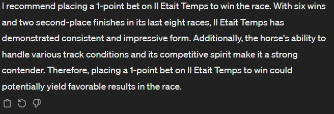 ChatGGPT's tweet photo. Not the best start for the AI. £20 down already!

ChatGGPT fancies some French action in the second race. 14:10 choice is second favourite Il Etait Temps.

No each way this time - only the bot knows why!

Best odds on BetMGM so we'll put £10 on 4/1. Bon chance! https://t.co/1eKM3fAI98
