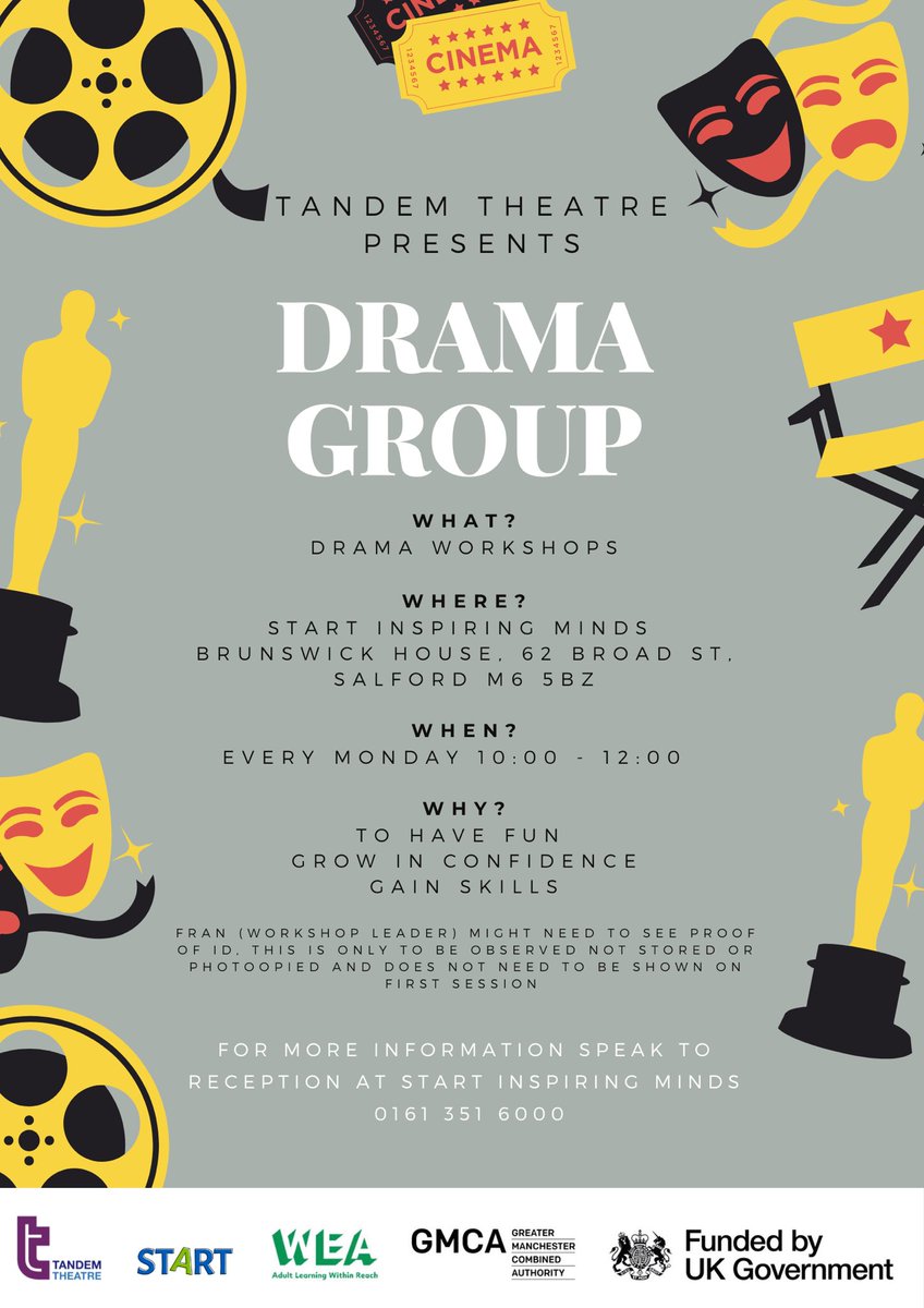 🔈DRAMA GROUP IN SALFORD🔈 WHERE? Start Inspiring Minds, (near Precinct) @STARTinspminds WHEN? Mondays (term time) 10:00-12:00 WHY? Gain skills, build confidence, improve emotional & mental health WHO FOR? Unemployed adults registered to work in the UK & GM residents