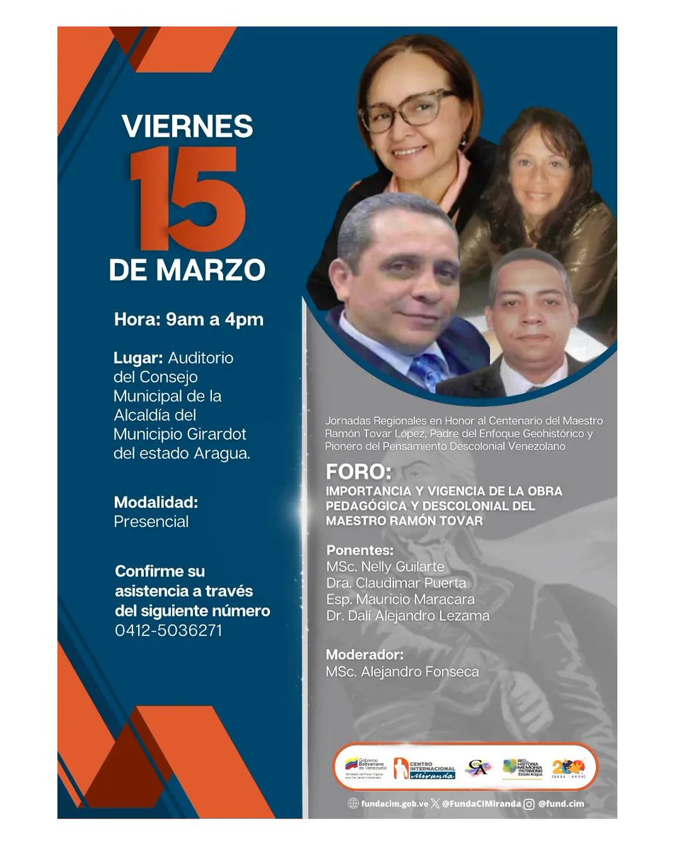 lezamaalejandro's tweet photo. Para este viernes 15 de Marzo en los espacios del auditorio de la Alcaldía de Girardot, están cordialmente invitados a las jornadas Regionales en Honor al Centenario del Maestro Ramón Tovar https://t.co/xn6hJUAVMB