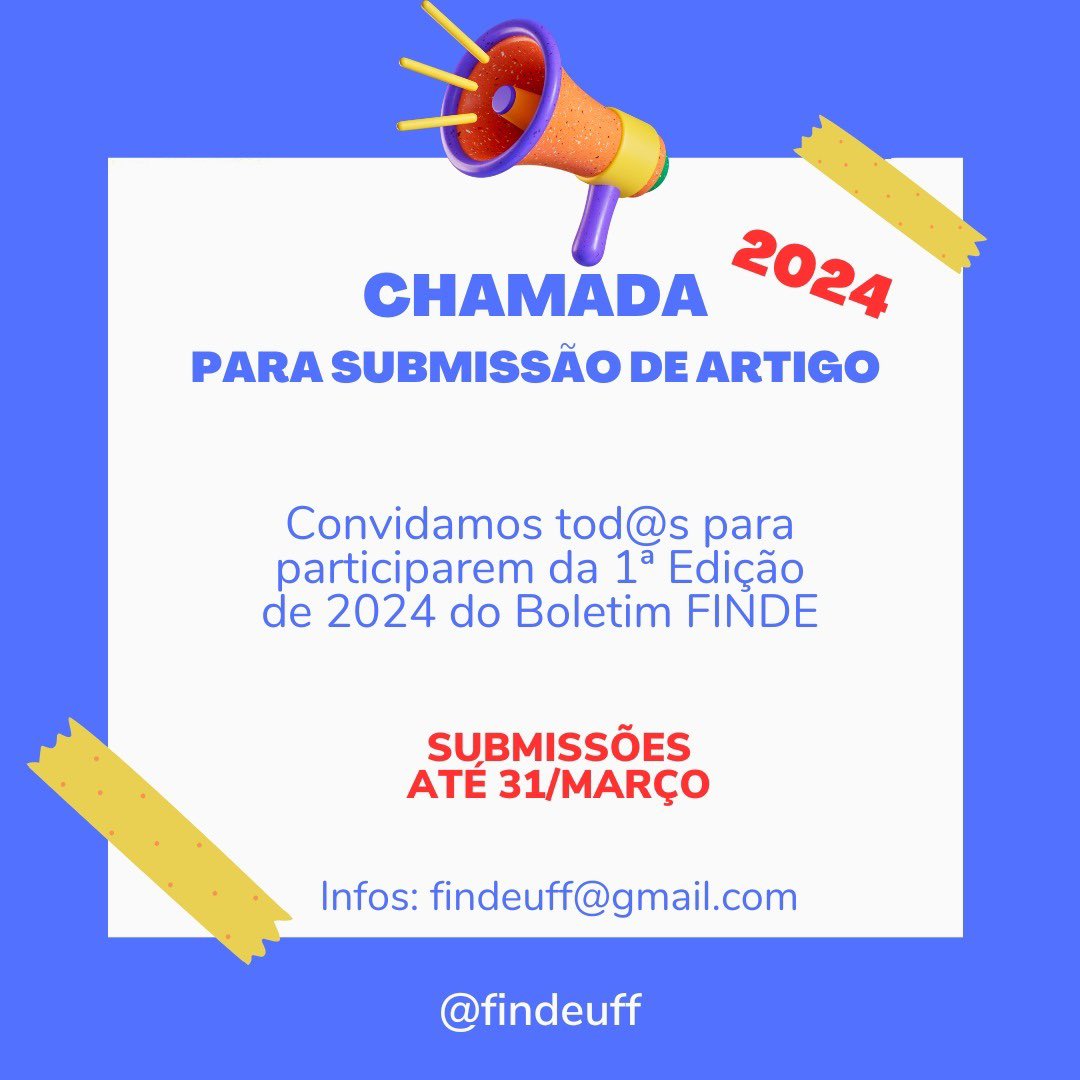 O Finde  abriu chamada para submissões de artigos para seu primeiro boletim do ano.

Os artigos devem conter entre cinco e 10 páginas e serem enviados até o dia 31/03 para findeuff@gmail.com.
