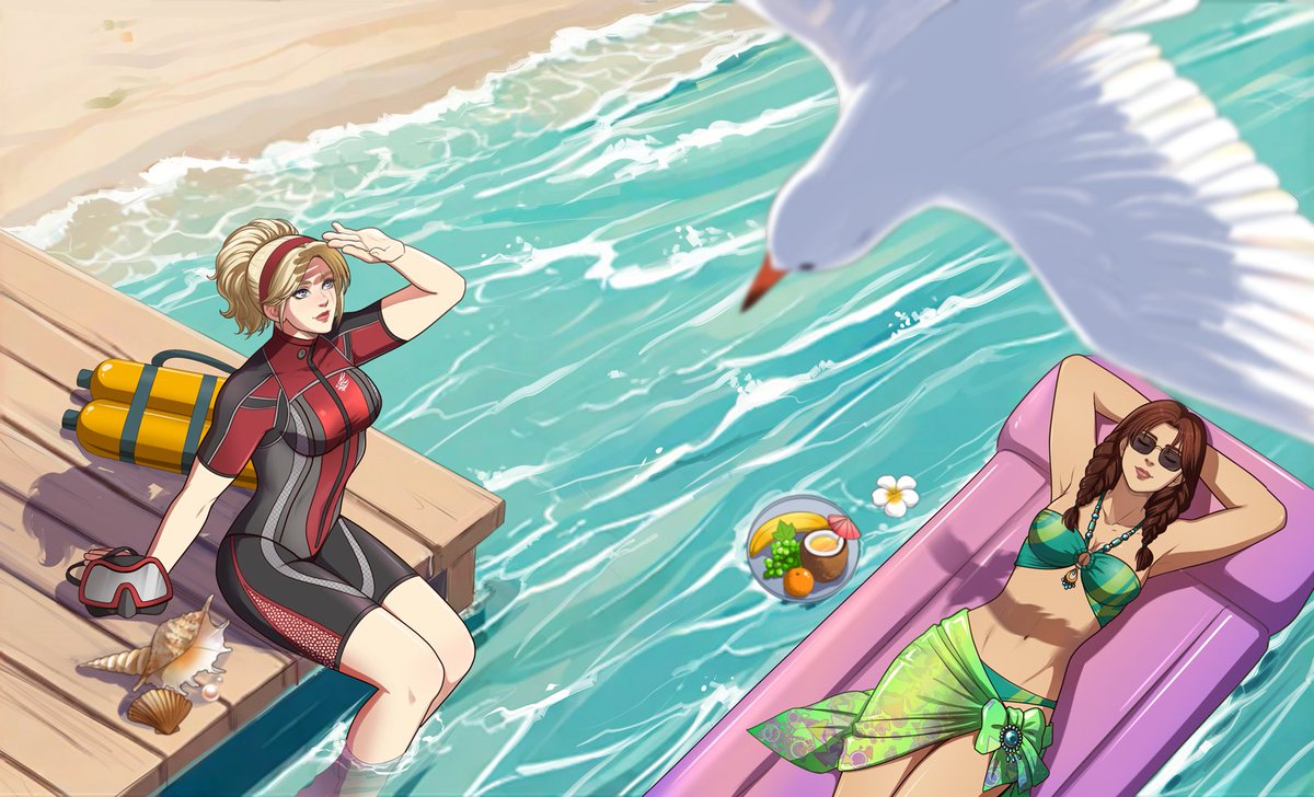 Commission.  
Lidia and Julia are chilling on the beach and waiting for their turn 
 #tekken #fanart #TEKKEN8 #鉄拳 #LidiaSobieska #FGC #JuliaChang