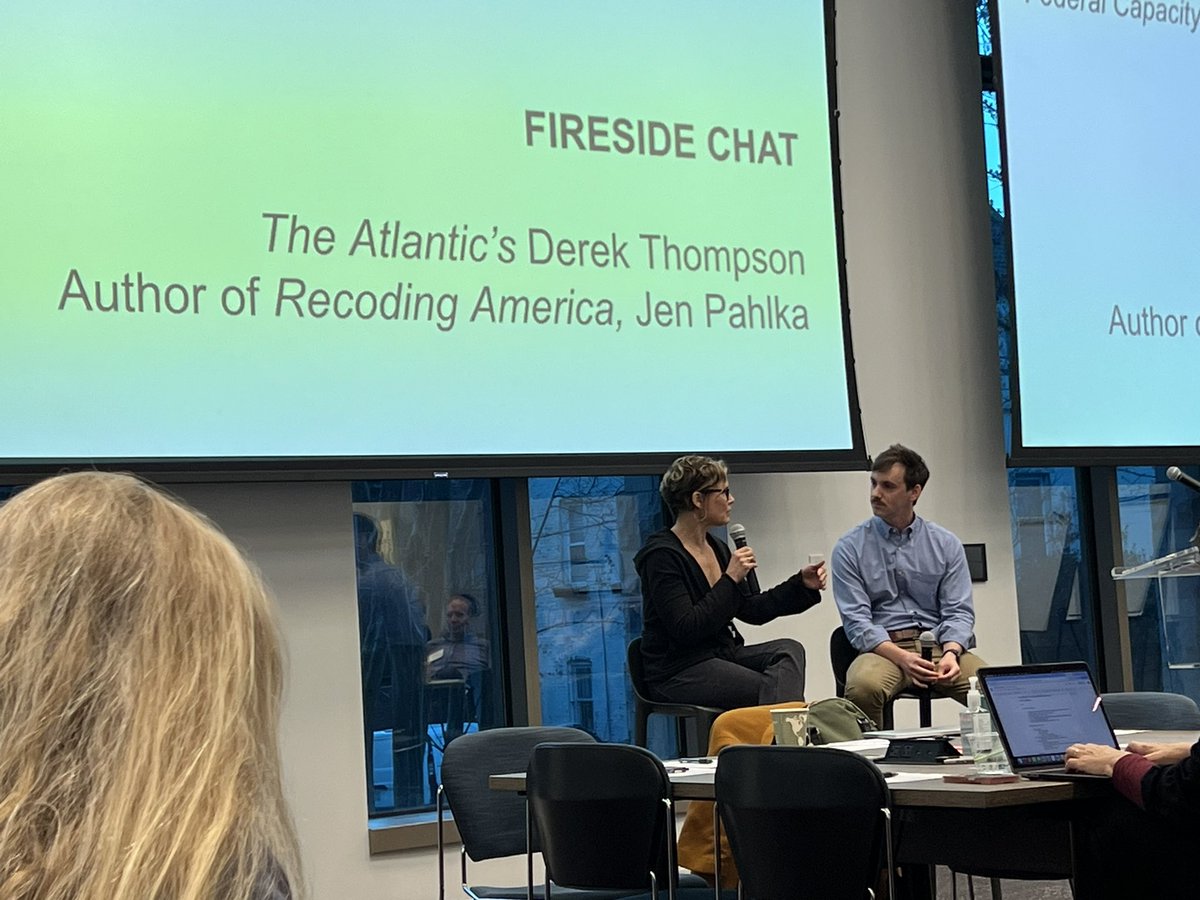 NickSinai's tweet photo. The incredible @pahlkadot talking with @TheAtlantic’s Derek Thompson about the challenges of talent, prioritization, and reducing burden in gov. “The purpose of a system is what it does”. #RecodingAmerica https://t.co/R08HKOFh8t