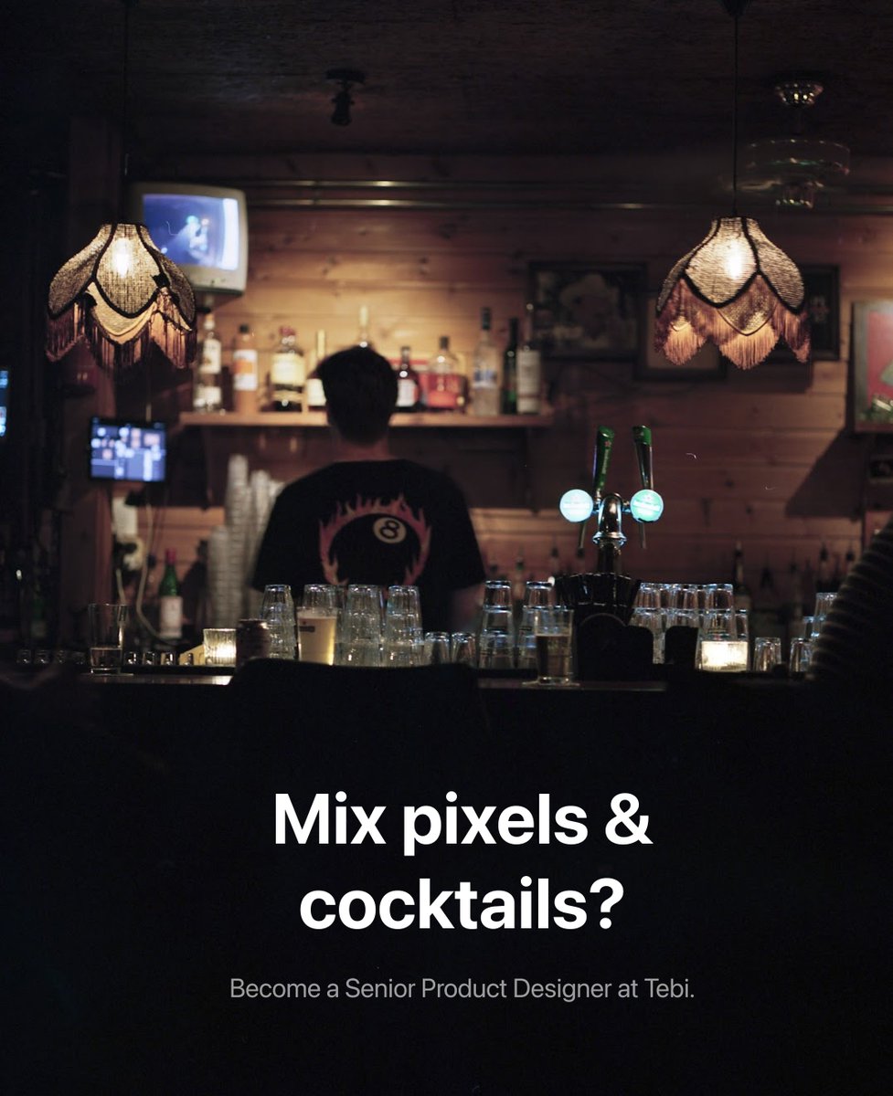 Want to see your pixels at your favorite bar, restaurant, cafe, club or shop? Join me at Tebi as a Senior Product Designer in Amsterdam.

🚨Must have EU work rights.

Our platform: point-of-sale, inventory, reservations, payments, and more. Interested? DM me to learn why Tebi is