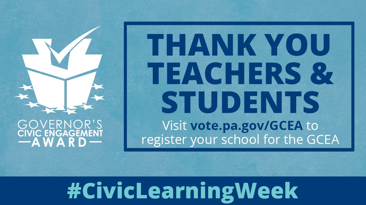 During #CivicLearningWeek, we thank all the PA high school teachers and students who participate in the Governor’s Civic Engagement Award program. They are educating the next generation of voters about the voting process. Learn more about the GCEA: vote.pa.gov/GCEA