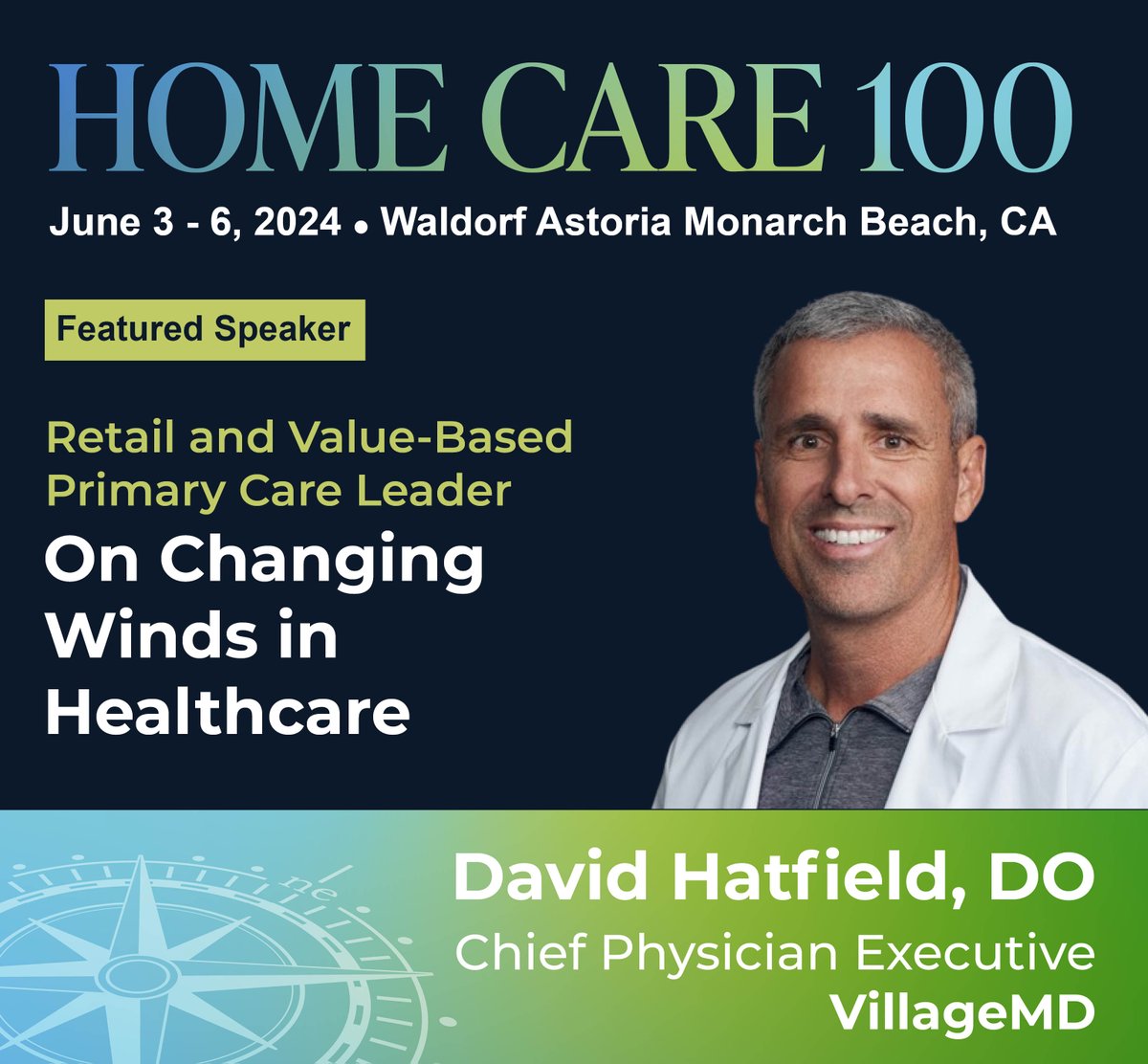 David Hatfield has joined our roster of June speakers! He has a unique perspective overseeing providers at one of the largest retail primary care providers and his perspective is critical as we consider healthcare crosscurrents and what they mean for home care. #homecare100