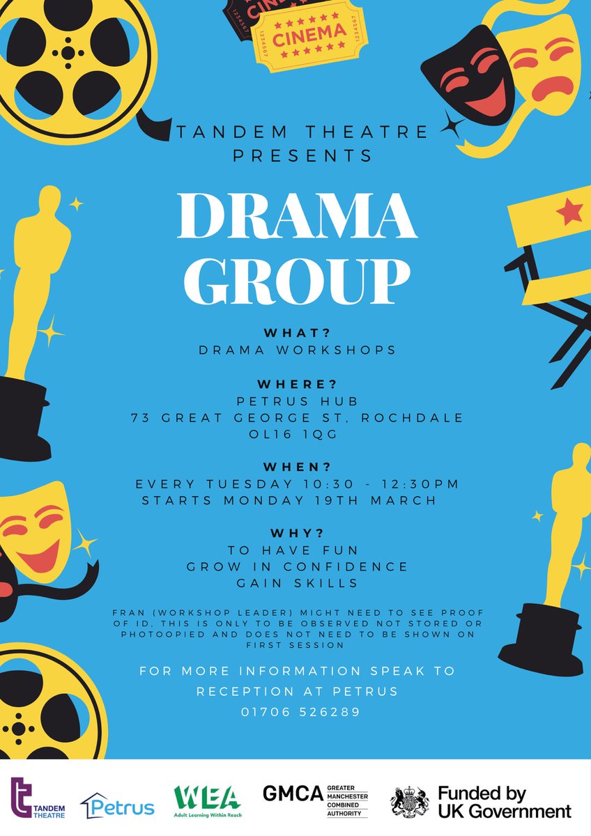 Tandem Theatre (@tandemtheatre) on Twitter photo 🔈DRAMA GROUP IN Rochdale🔈
WHERE? Petrus Hub, Rochdale <a href="/petrus_cmty/">Petrus Community</a>
WHEN? Tuesdays (term time) 10:30 - 12:30
WHY? Gain skills, build confidence, improve emotional & mental health
WHO FOR? Unemployed adults registered to work in the UK & GM residents 🔈DRAMA GROUP IN Rochdale🔈
WHERE? Petrus Hub, Rochdale <a href="/petrus_cmty/">Petrus Community</a>
WHEN? Tuesdays (term time) 10:30 - 12:30
WHY? Gain skills, build confidence, improve emotional & mental health
WHO FOR? Unemployed adults registered to work in the UK & GM residents