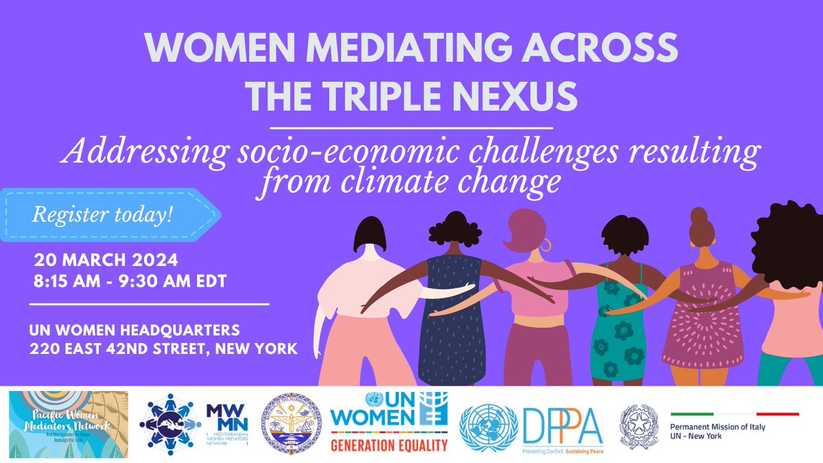 📣 Excited to invite you at this #CSW68 side-event promoted by us w/ @PacWPSMediators, @ItalyUN_NY, @RMIMission, @UN_Women & @UNDPPA on #WomenMediators' action across the #TripleNexus, #challenges they face, #bestpractices to share & #recommendations to provide. 🕊️✨
📆 20/03