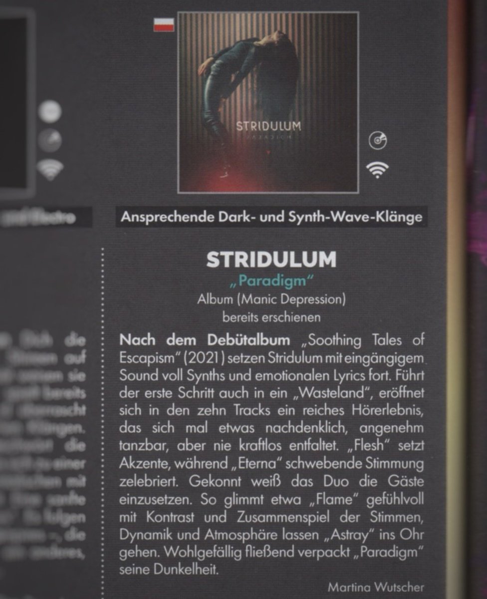 'Paradigm' review in Orkus! Magazine. 🔻 orkus-shop.de/p/orkus-editio… #stridulum #maritavolodina #volodina #darkwave #coldwave #synthwave #minimalwave #minimalsynth #ebm #electronic #goth #gothic #gothicmusic #darkmusic #darkelectronic #darkindependent #alternativemusic #postpunk