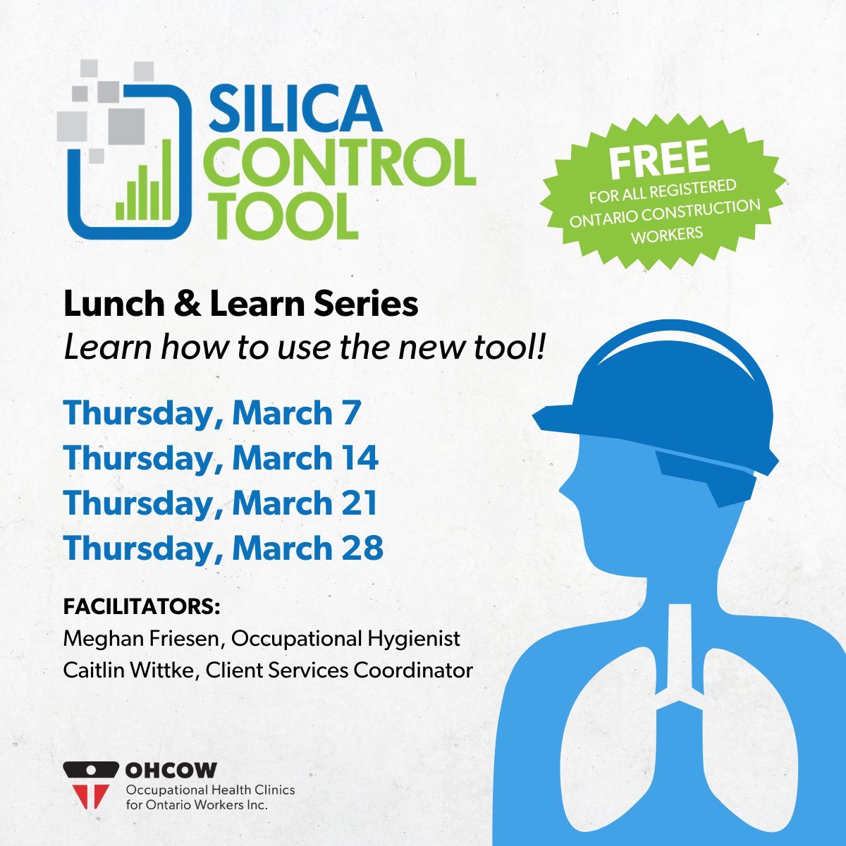 ICYMI: We are hosting free Lunch & Learns every Thursday in March from 11:30-12:30 (EST), so you can get up to speed on the new Silica Control Tool, and start taking action to reduce risk and protect workers. Learn more and register here: ohcow.on.ca/ohcow-events/s…