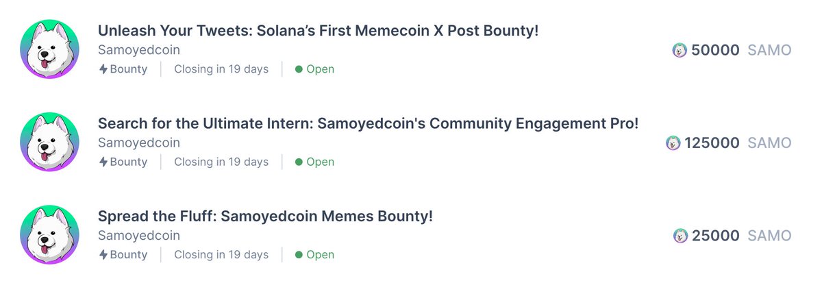 🚨 BREAKING NEWS 🚨

@Samoyedcoin is the first dog money rewards on <a href="/SuperteamEarn/">Superteam Earn</a>!

To mark this momentous occasion we've just injected 200K $SAMO (>$3k)  in bounty rewards to empower <a href="/solana/">Solana</a> &amp; @SuperteamDAO builders. 💰 🚀

Ready to earn? Keep scrolling! 🧵