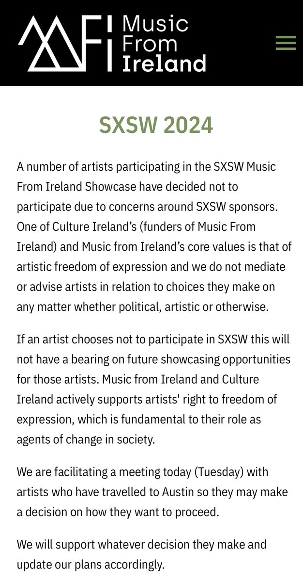 Our update shared earlier this morning. Stay posted for further developments. musicfromireland.org/sxsw-2024