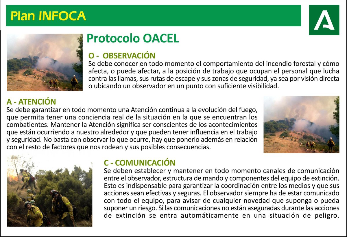Plan_INFOCA's tweet photo. En 1991 se desarrolló el protocolo #OCEL (en 🇬🇧 #LCES), con 4 acciones para trabajar seguro en #IIFF.
En 2000, se sumó la quinta: #LACES (Look Out, Anchor Point, Comunication, Escape & Safety zone). El actual #OACEL (Observación, Atención, Comunicación, ruta Escape y Zona segura) https://t.co/C4dpWUKqJP