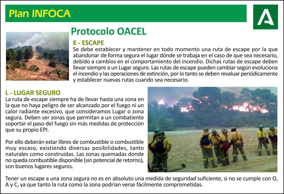 Plan_INFOCA's tweet photo. En 1991 se desarrolló el protocolo #OCEL (en 🇬🇧 #LCES), con 4 acciones para trabajar seguro en #IIFF.
En 2000, se sumó la quinta: #LACES (Look Out, Anchor Point, Comunication, Escape & Safety zone). El actual #OACEL (Observación, Atención, Comunicación, ruta Escape y Zona segura) https://t.co/C4dpWUKqJP