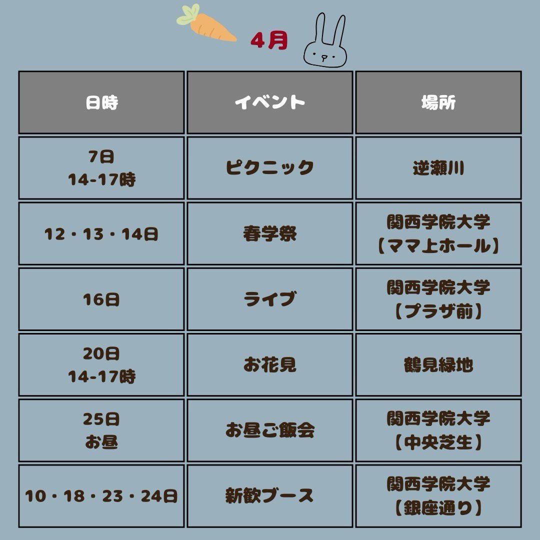 rockfunklove's tweet photo. みなさんはじめまして！🌸
関学公認軽音サークルバックスバニー🐰🎸です！
こちら新歓イベントの日程が確定したのでそのお知らせになります…！
BBQやピクニックなどの楽しいイベントを用意させていただきました…！👀🫣
 #春から関学
 #関学軽音サークル
 #軽音サークル https://t.co/DxBNNYIiin