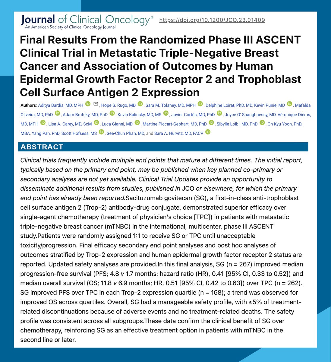 📄Final Results from Randomized Phase III ASCENT Clinical Trial in Metastatic #TripleNegativeBreastCancer and Association of Outcomes by Human Epidermal Growth Factor Receptor 2 and Trophoblast Cell Surface Antigen 2 Expression @stolaney1 @dradityabardia 👉pubmed.ncbi.nlm.nih.gov/38422473/