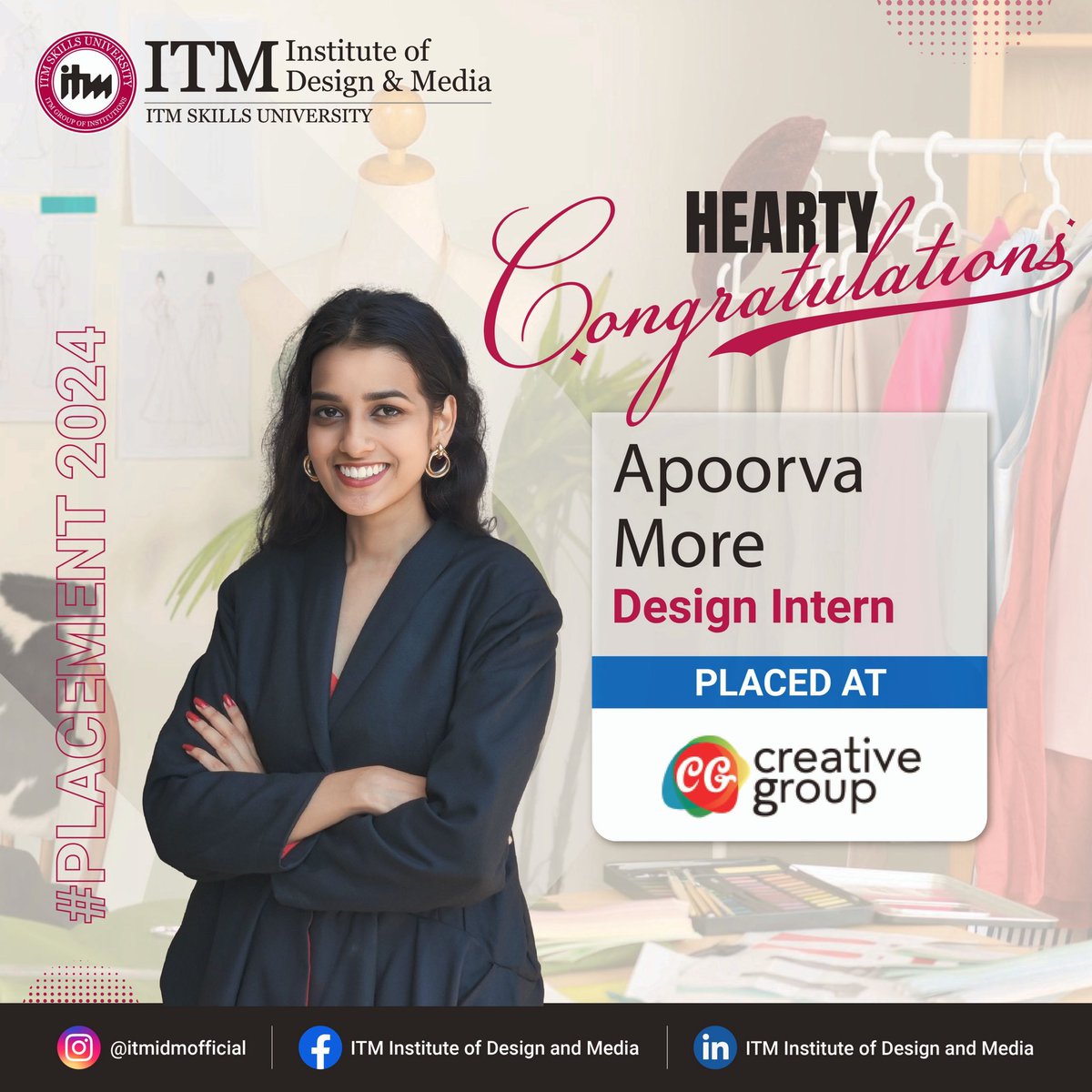 itm_idm's tweet photo. Congratulations to Apoorva More for securing a Design Internship at Creative Group through ITM Institute of Design and Media’s placement program!  

Wishing you success and endless creativity in your new role! 
#ITM #ITMIDM #IamITM #ITMPlacement #Placement2024 #DesignInternship https://t.co/zC8yCp2uvf
