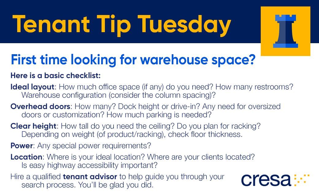 #TenantTipTuesday - First time looking for warehouse space?
#cre #cresa #tenantrep #conflictfree #findandfoster #thinkbeyondspace