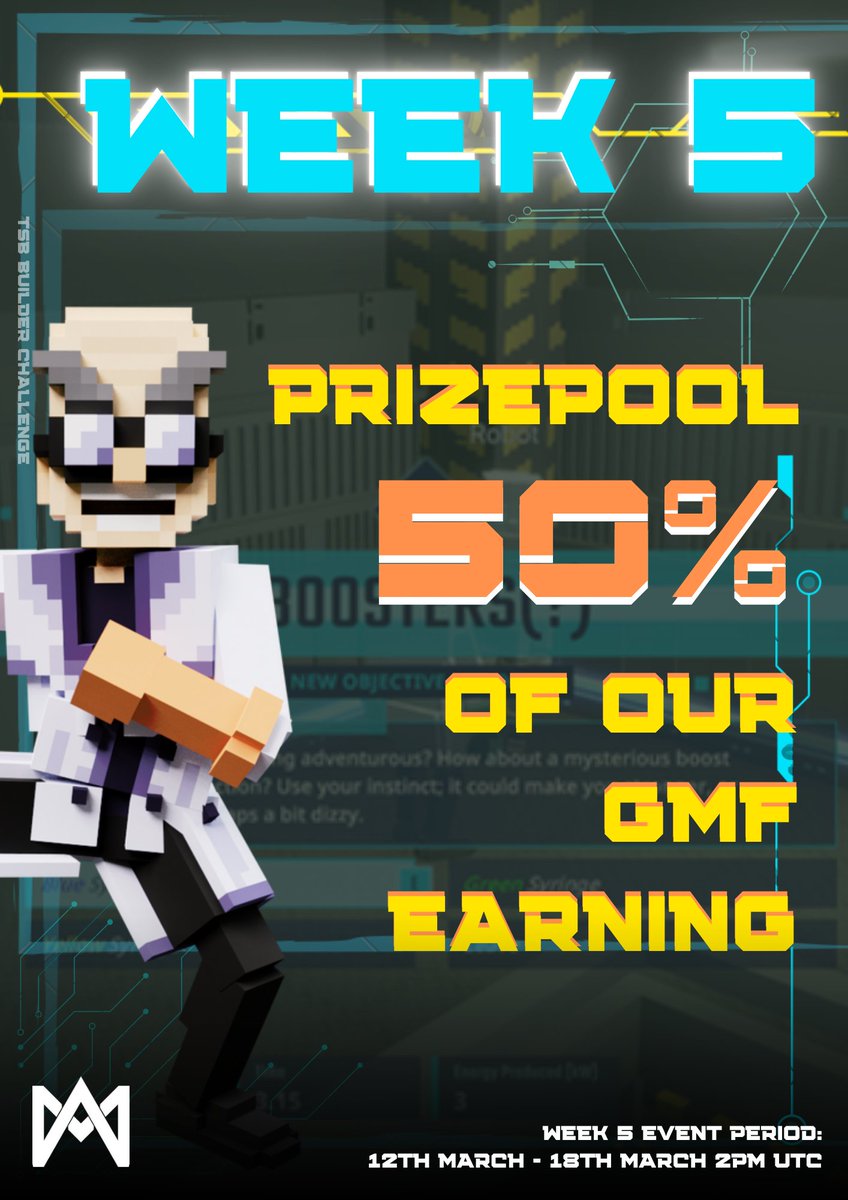 Week 5 is live! 

There's been some changes regarding the score system and the leaderboard, but there's one thing that won't change; you can still play and win some $SAND!

Join our discord for more info: discord.gg/7rUc2r3E

GLHF! <a href="/TSBCreators/">The Sandbox Creators</a> #TSBBuildersChallenge