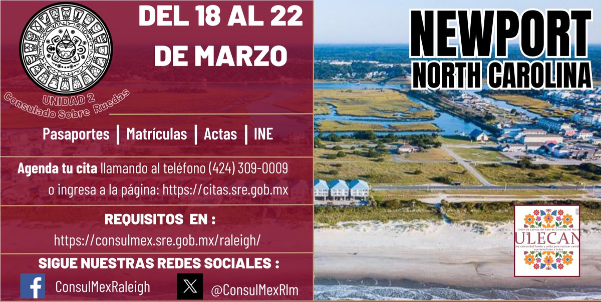 ¡Seguimos en ruta, paisano!🇲🇽 La Unidad 2 del Consulado Sobre Ruedas continúa su travesía, ahora visitaremos Newport, CN. - Del 18 al 22 de marzo de 2024. Agenda tu cita llamando al (424) 309-0009; o enviando mensaje vía WhatsApp al mismo teléfono.