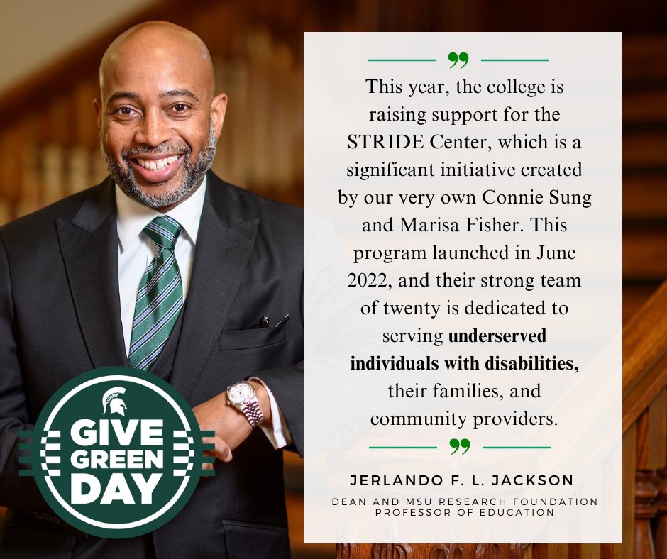 MSUCollegeofEd's tweet photo. The College of Education community is empowering underserved individuals with disabilities by supporting the STRIDE Center, an initiative led by our very own scholars Connie Sung and Marisa Fisher. Make a difference today! #GiveGreenDay
 
Give now: https://t.co/heVHJ9CMFO https://t.co/OwNnASnN7L
